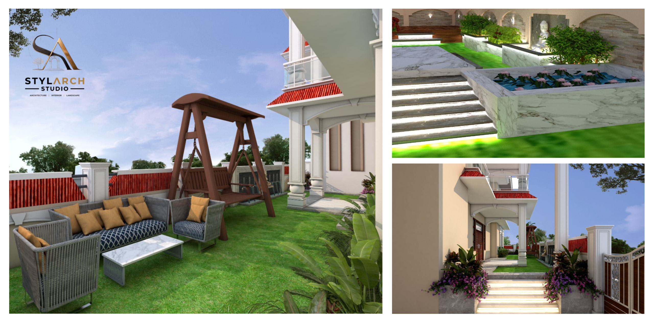 Modern terrace garden design with pergola, outdoor seating, greenery, and landscape lighting by StylArch Studio Jaipur