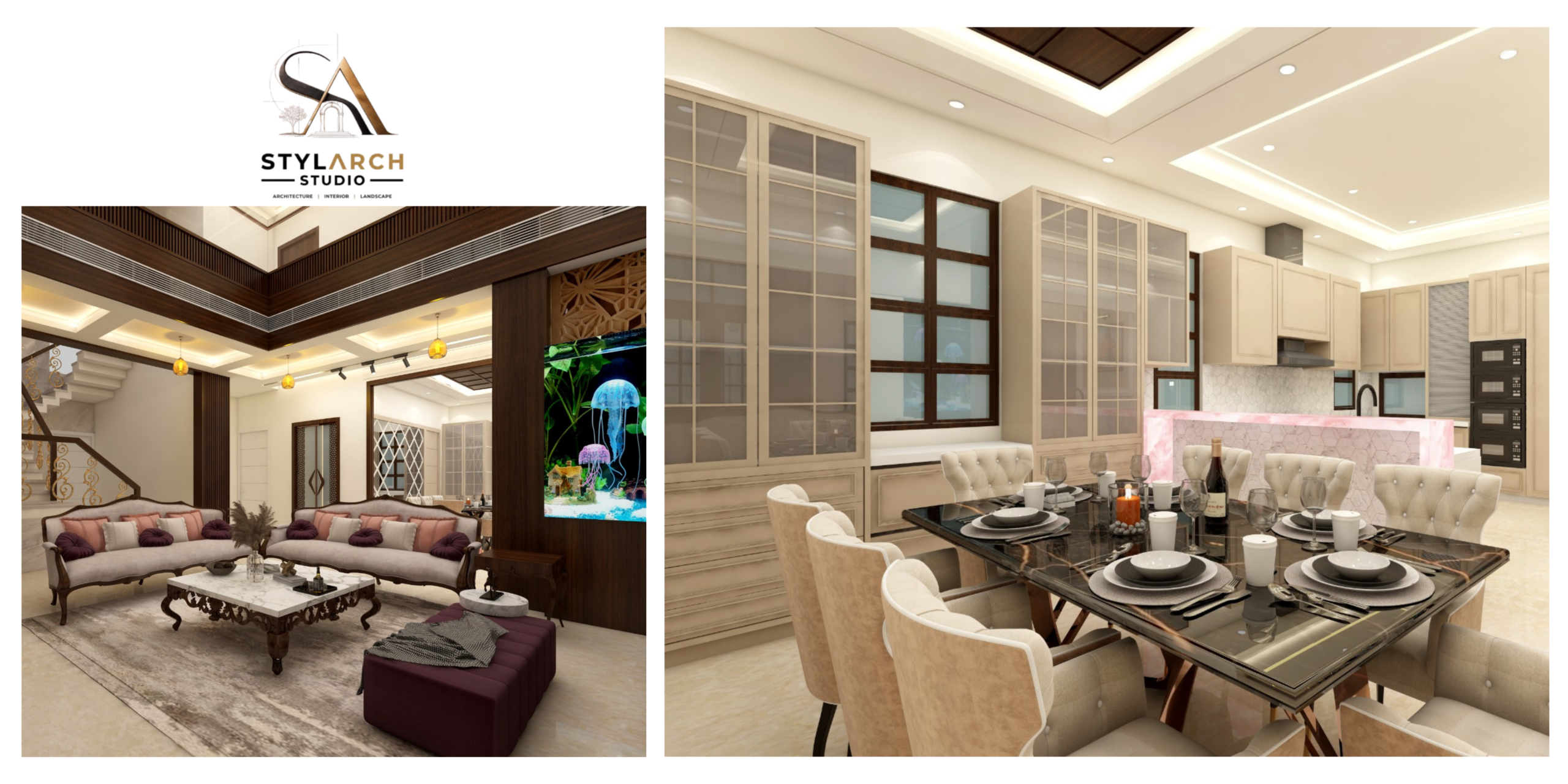 Luxury home interior design featuring elegant living room and modern dining area by StylArch Studio Jaipur